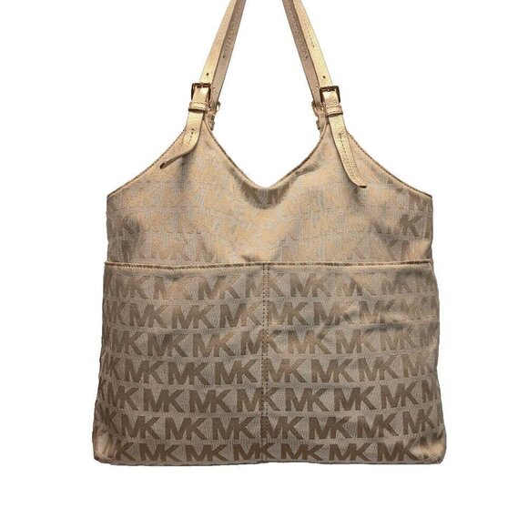 Michael Kors Gold Leather Beige Signature Jacquard Canvas Tote Shoulder Bag - Picture 1 of 16